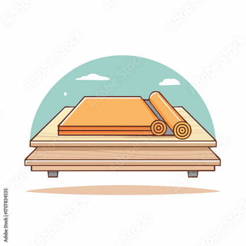 Orange Exercise Mat Rolled Out On Wooden Platform