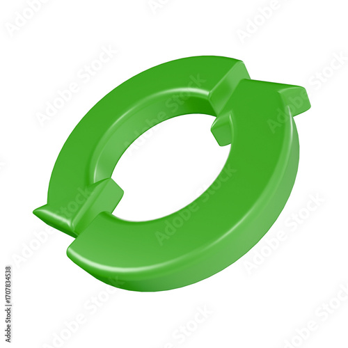 3D render green circular arrow icon symbolizing refresh, reload, update, recycle, and sustainability, for business or technology design