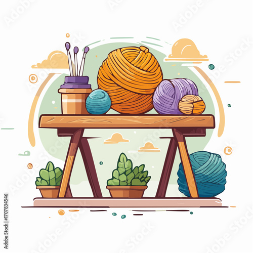 Yarn Balls and Knitting Needles on Wooden Table