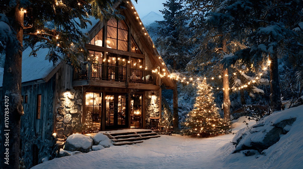 A cozy cabin glows with warm light amidst a snowy winter wonderland scene with christmas decorations A cozy cabin glows with warm light amidst a snowy winter wonderland scene with christmas decorations