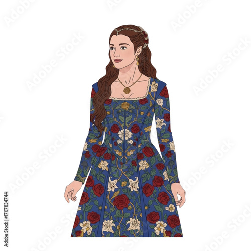 Elegant woman wearing a floral renaissance gown stands gracefully against a white backdrop, embodying historical fashion with a touch of modern artistry.