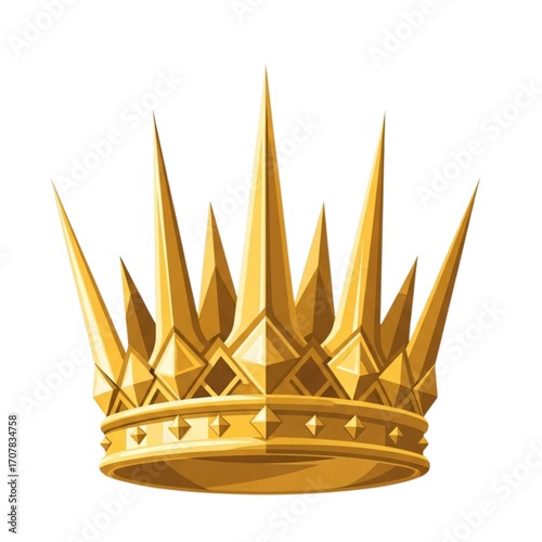 Golden crown symbolizes royalty and power, gleaming with sharp points and intricate details on a clean white canvas, representing prestige and authority.