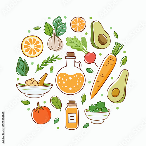 Circular Arrangement of Pixel Art Vegetables and Healthy Ingredients