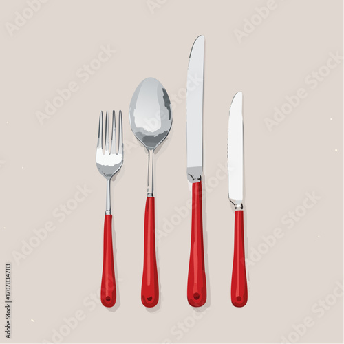 Red Handled Silverware Set on Light Grey Background
