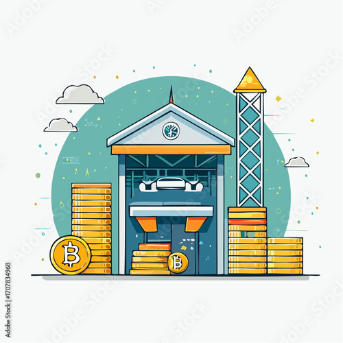 Bitcoin Mining Facility with Gold Coins and Rocket