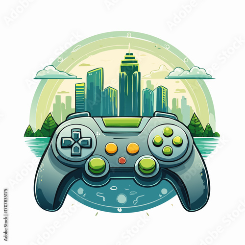 Pixel Art Video Game Controller With Cityscape Background