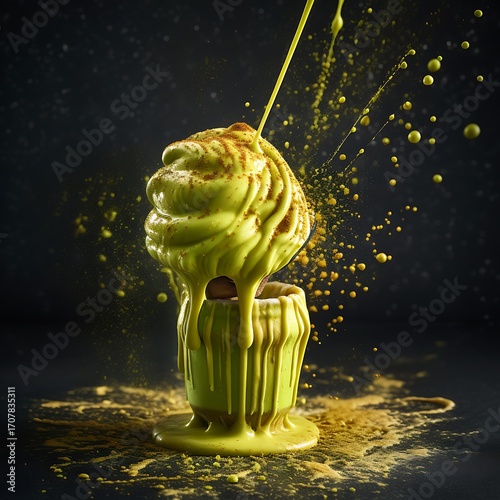 Green Ice Cream Swirl Cup Mockup with Sauce Splash