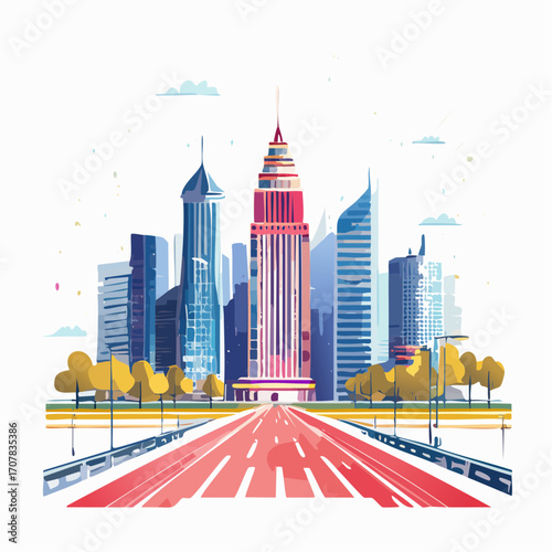 Modern Cityscape With Colorful Buildings And Red Road