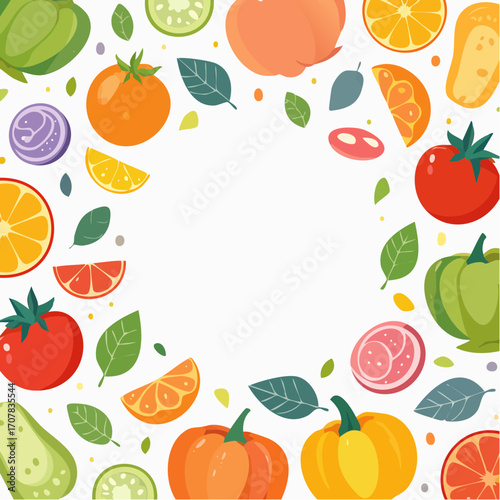 Pixel Art Frame of Colorful Fruits and Vegetables on White Background