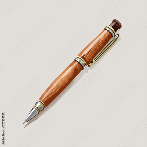Wooden Ballpoint Pen with Gold Accents on Light Brown Backdrop