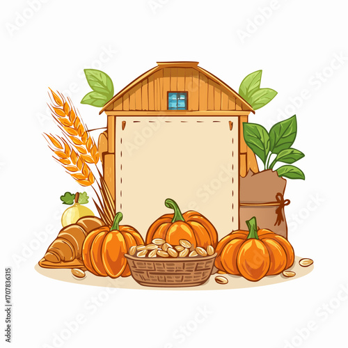 Autumn Harvest Frame With Barn Pumpkins Wheat And Croissant