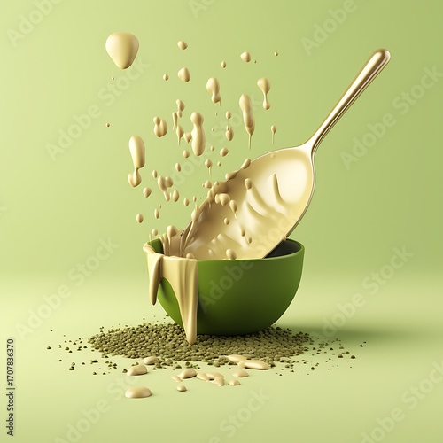 Green Bowl Mockup with Splashing Cream and Spoon