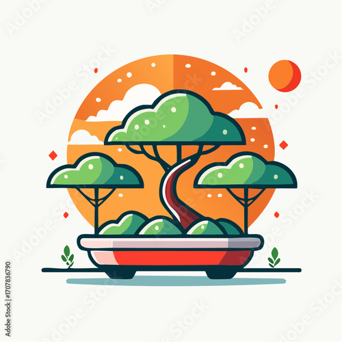 Pixel Art Bonsai Tree In Red Pot With Orange Sunset Background