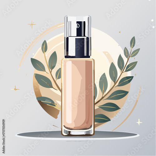 Beige Foundation Bottle With Green Leaf Illustration on Grey Background