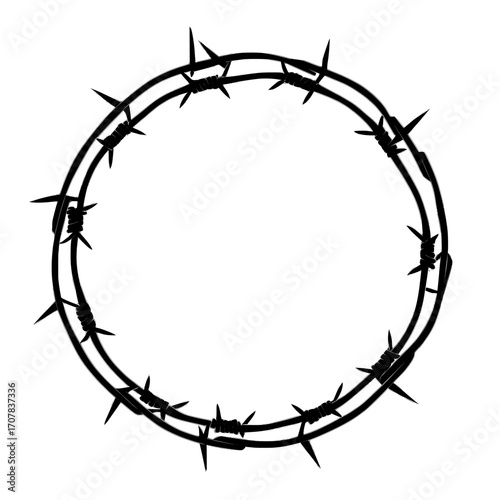 Isolated on a white background is a steel barbwire set, featuring a circle frame made from twisted wire with barbs, which forms a modern and realistic seamless border of metal chain with sharp thorns