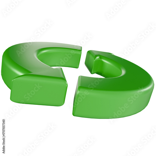 3D render green circular arrow icon symbolizing refresh, reload, update, recycle, and sustainability, for business or technology design