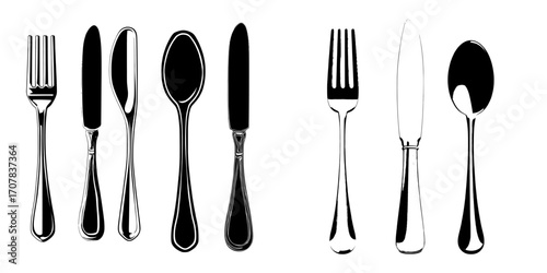 A set of 3D cutlery, including a fork, knife, and spoon, is depicted in golden and silver hues, showcasing luxury metal tableware and silverware with a gold utensil in a top view, isolated on a white