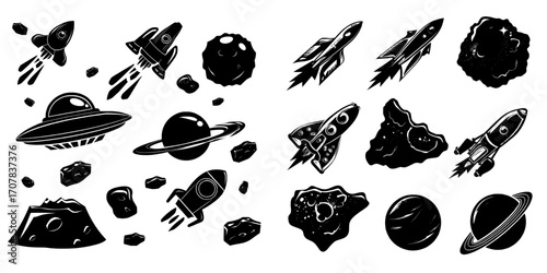 The cosmos adventure universe is represented through a futuristic modern illustration set, including a space game platform with isolated cartoon arcade elements like spaceships, flying rocks, and