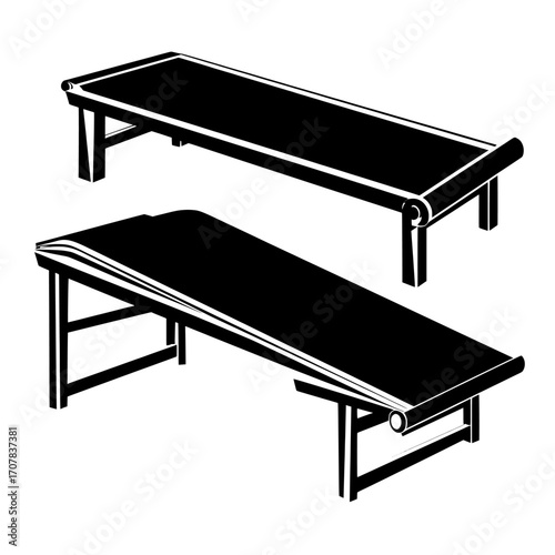 A factory's automated manufacturing equipment is depicted in a realistic 3d illustration, featuring a conveyor belt with both top and side views, set against a white background to emphasize the