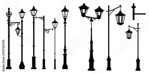 Modern and realistic, this set of retro street lights includes vintage street lamps and black iron lanterns on posts, all in the Victorian style, perfect for illuminating city roads or parks, and