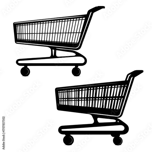 In a 3D illustration, an empty shopping cart is shown from both top and side views, isolated on a white background, highlighting equipment used for purchasing in retail shops and markets