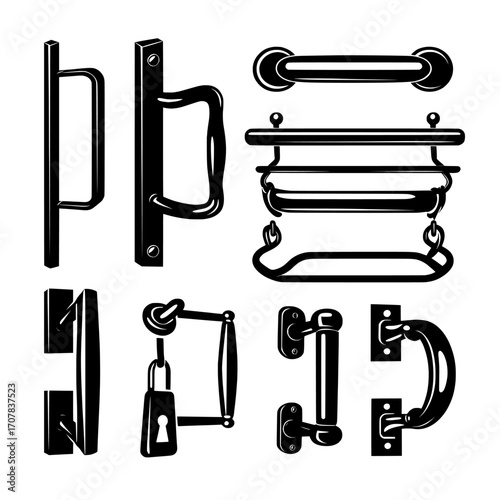 The set includes realistic 3D icons of steel and wood furniture holders with rods and locks, as well as modern interior design accessories and architectural details for doors or windows