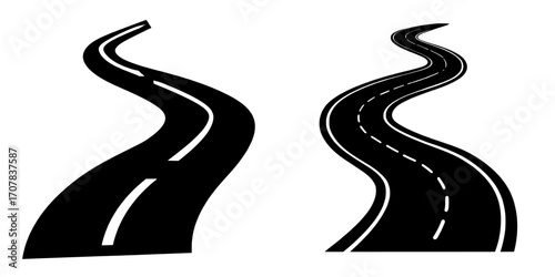 The image features a solitary, winding road on a transparent backdrop, with a two-lane asphalt curve that disappears into the distance, complemented by signs for navigation and route direction,