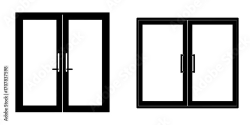 Double glass doors featuring a metal frame and handles are showcased in a modern, realistic mockup, isolated on a transparent background to represent a typical entrance to a store, mall, or office