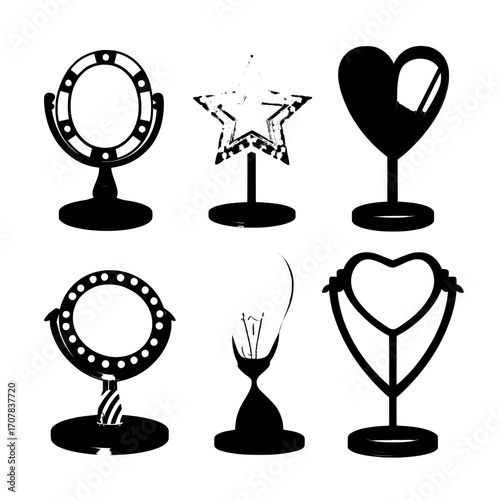 Retro-style sign frames equipped with light bulbs, suitable for a circus marquee or casino, are showcased on a transparent background with a modern mockup of makeup mirrors in arrow, star, and heart