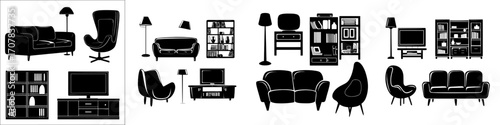 A modern living room setup featuring a sofa, pear chair, bookshelves, and television, all part of a cartoon furniture collection for a house with contemporary decor, including a floor lamp and a rear