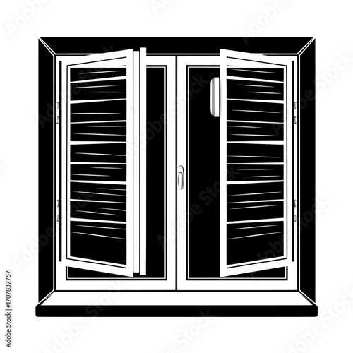 A modern 3D illustration on a transparent background depicts a home facade with a window that includes a roller shutter and plastic PVC double casement blinds, displayed from the front in open and