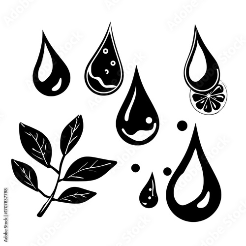 Realistic 3D icons of clear droplets in various shapes, isolated on a transparent background, represent natural cosmetics or fruit drinks