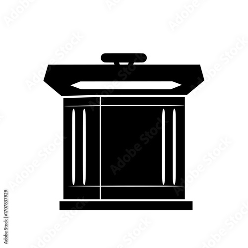 Realistic and modern, the business presentation speech pedestal features a glass pulpit, podium, or tribune from the front side, accompanied by a rostrum stand with a microphone for use in
