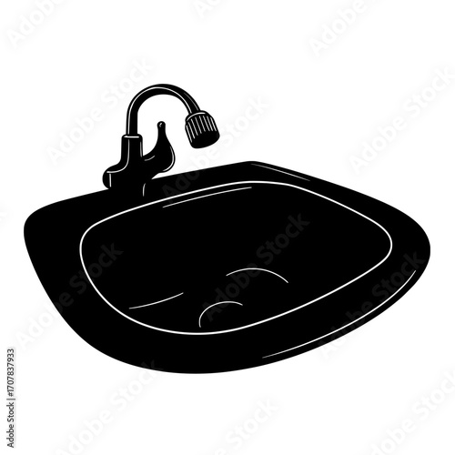 The image depicts a ceramic sink accompanied by a metal faucet, intended for kitchen or bathroom installation, placed on a steel countertop, shown from the front or top perspective, isolated on a
