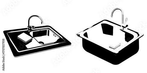 A modern kitchen setup featuring a metal sink, faucet, and sponge on a steel countertop, presented in a front view and isolated on a transparent background, with an interior frame and stainless