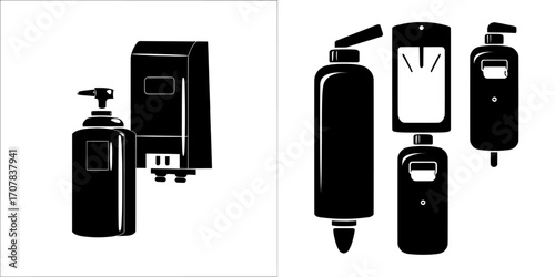 The image features a wall-mounted hand dryer, dispensers for soap and paper towels, a contemporary container holding antibacterial gel or sanitizer, and a napkin box, set against a transparent
