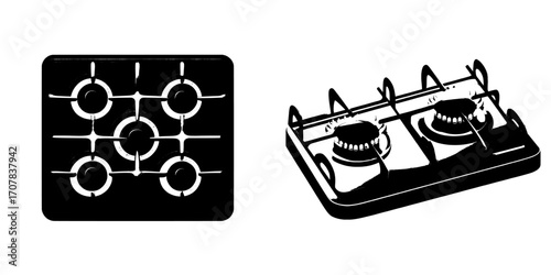 A gas stove featuring a blue flame and a black steel grate, alongside a kitchen stainless cooktop with burners in both lit and off states, forms a modern and realistic set depicting the use of