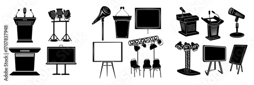 Modern cartoon set featuring objects for a conference, including a pulpit or tribune with a microphone, stage, and lighting equipment with spotlights on a rack, along with a dynamic screen for