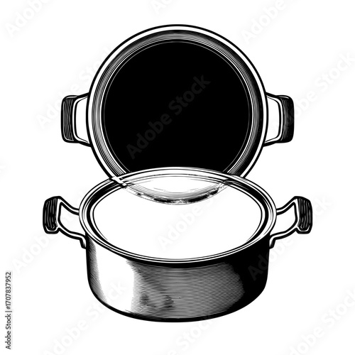 Modern realistic mockup of empty steel saucepan open and closed by lid, metal pot, cooking pan top view, stainless casserole with handles isolated on white background