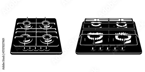 A gas stove is depicted from a top view perspective, showcasing a blue flame and a black steel grate, alongside a kitchen burner with both lit and unlit hobs