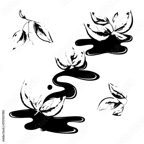 Isolated matcha on a transparent background, paired with a modern and realistic set of liquid waves of falling and flowing water, symbolizing a refreshing cold tea with peppermint leaves and a