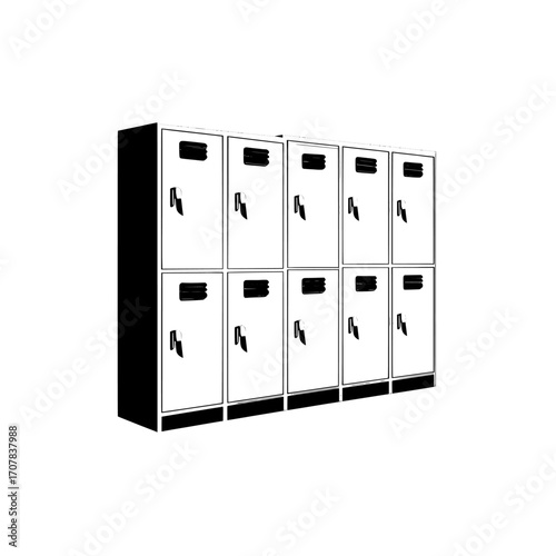 Modern school or gym changing room metal cabinets, steel lockers, and grey storage furniture with closed doors in a college or university setting, isolated on a white background, depicted in a