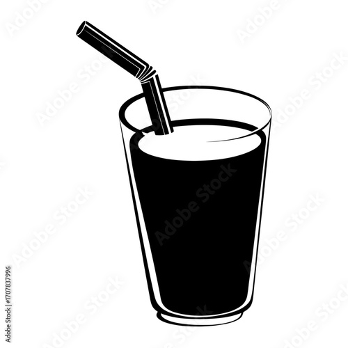 A glass of milk is depicted from a top view, complete with a paper straw, as part of a modern and realistic set featuring both empty and full glasses and cups containing milk, yogurt, or other dairy