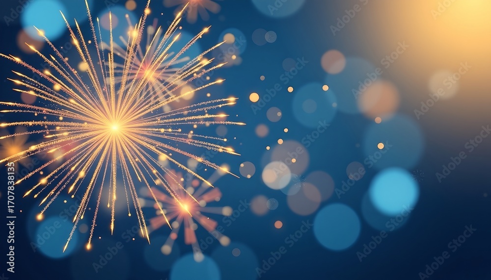 Fototapeta premium A vibrant display of golden fireworks illuminating a dark blue sky with bokeh lights. A scene that evokes a sense of celebration and excitement