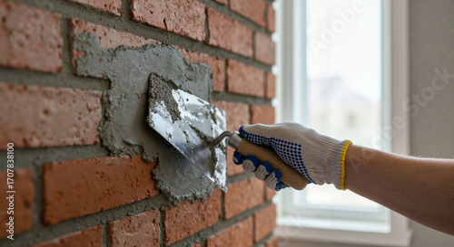 Worker applying plaster to rustic brick fireplace wall