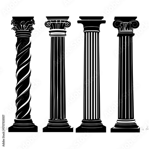 Isolated on white, a 3D modern mockup of antique pillars featuring the classic architecture of Rome or Greece, with intricate twisted and grooved ornaments for interior facades