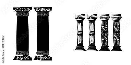Ancient columns with a golden decorative texture are showcased, set as antique gold pillars isolated on a white background, symbolizing Roman or Greek luxury architecture elements in a realistic 3D