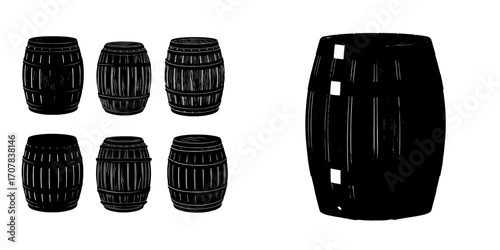 Realistic 3D clip art features a set of wooden barrels made of oak wood for storing wine, beer, or whiskey, with the option for rum or cognac, all presented from the top on a white background as