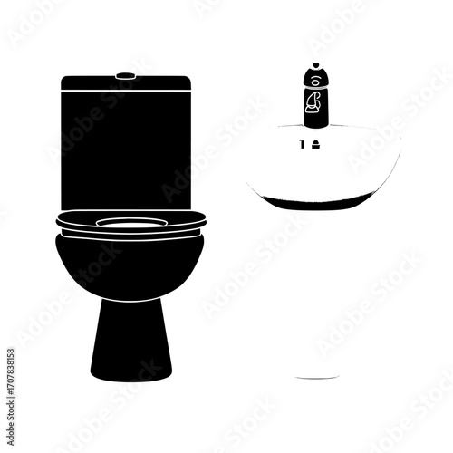 A restroom or modern WC typically features a bathroom setup with a toilet bowl and sink, including a modern realistic white ceramic wash basin with a tap and a lavatory equipped with a flush tank and