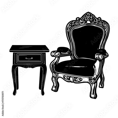 A modern cartoon set of vintage furniture for a luxury bedroom interior, including a royal chair and bedside table with a night stand featuring a drawer and a golden armchair with red upholstery on a